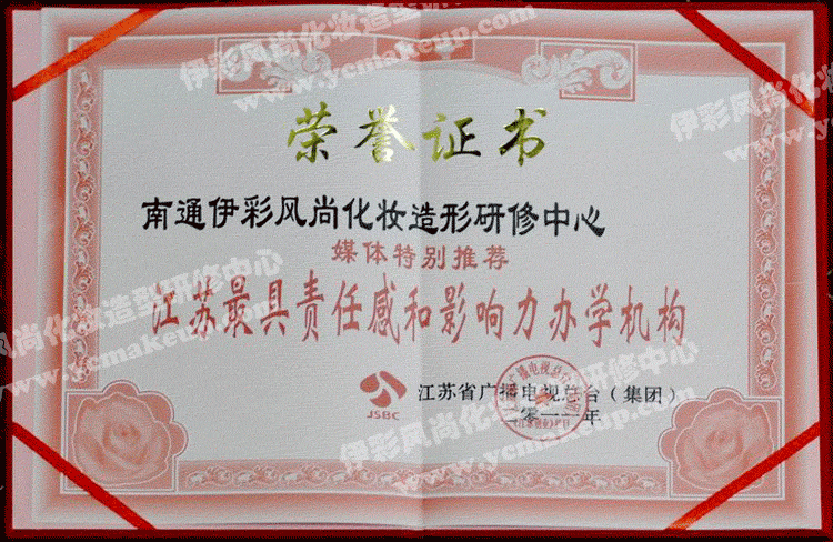 南通伊彩风尚造型研修中心荣誉证书——江苏广播电视总台(集团)